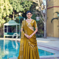 Exclusive Mustard Yellow Rangoli Crush Silk Designer Lehenga Choli with Embroidery Work and Matching Dupatta