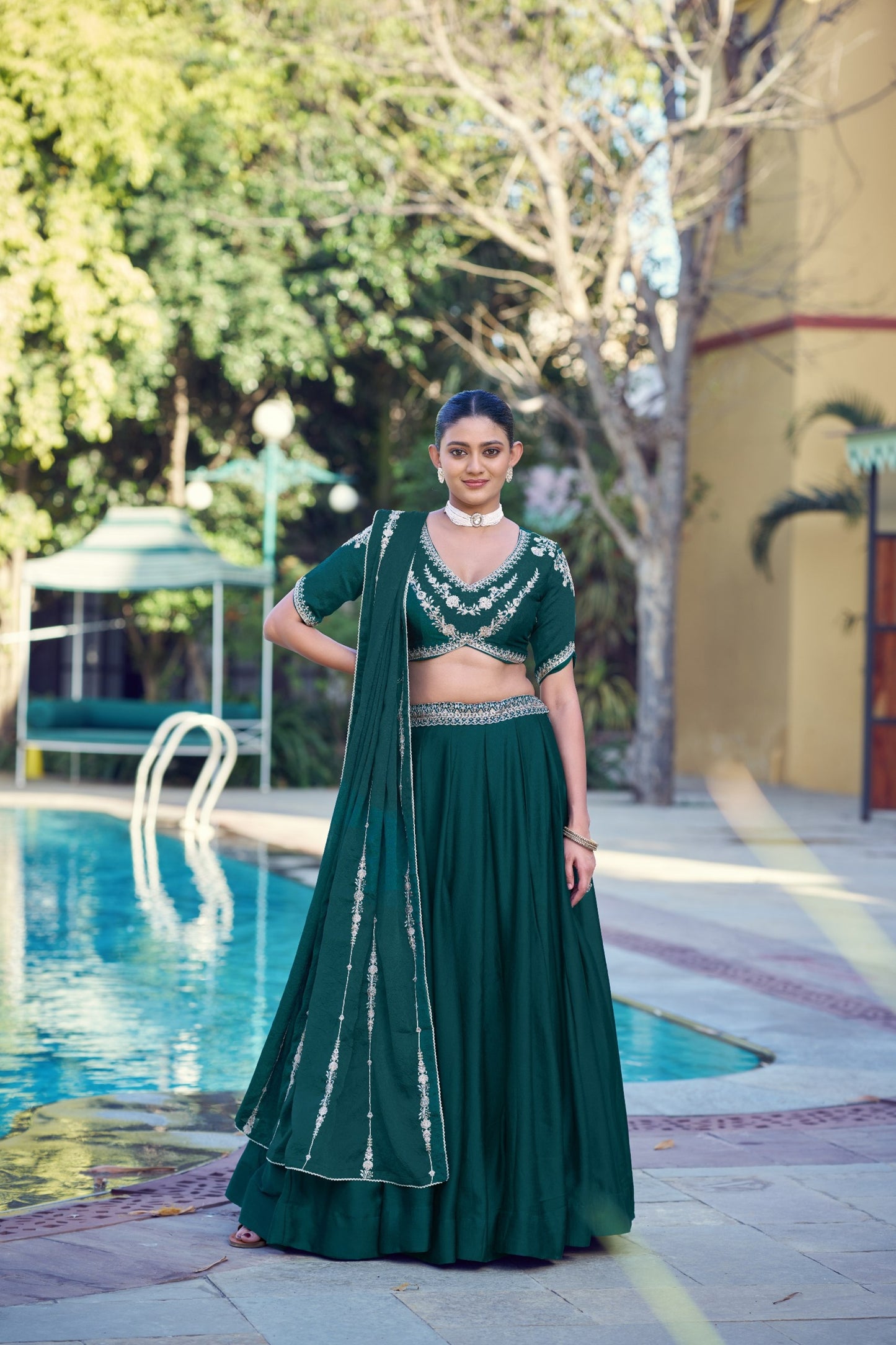 Elegant Rama Green Rangoli Crush Silk Designer Lehenga Choli with Embroidery Work and Matching Dupatta