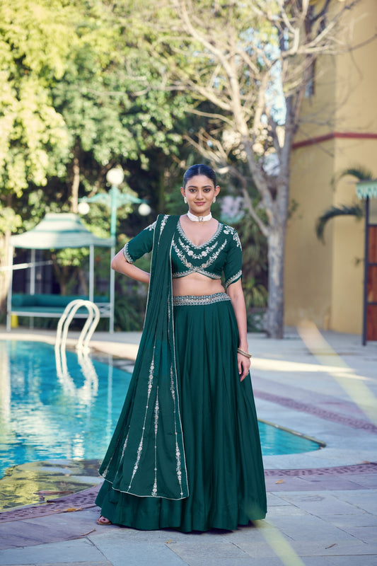 Elegant Rama Green Rangoli Crush Silk Designer Lehenga Choli with Embroidery Work and Matching Dupatta