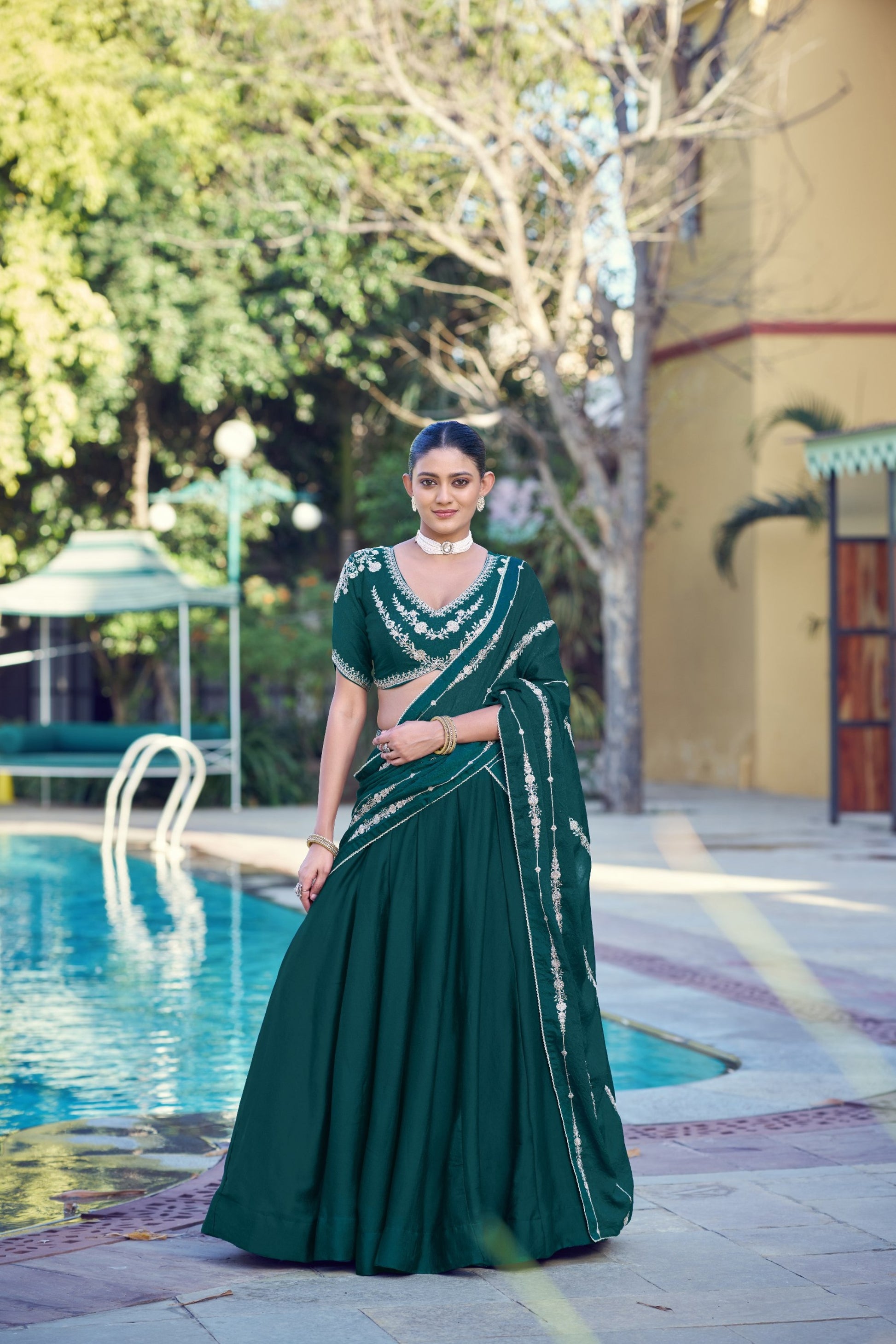 Elegant Rama Green Rangoli Crush Silk Designer Lehenga Choli with Embroidery Work and Matching Dupatta