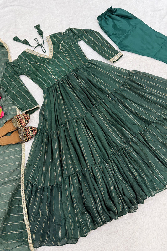 Elegant Rama Green Heavy Brocade Designer Anarkali Suit with Dupatta for Women