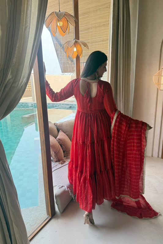 Stunning Red Heavy Brocade Designer Anarkali Suit with Dupatta for Women