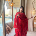 Stunning Red Heavy Brocade Designer Anarkali Suit with Dupatta for Women