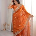 Stunning Rust Orange Fendy Crush Silk Saree Heavy Embroidery Work