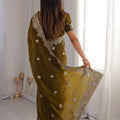 Graceful Olive Green Fendy Crush Silk Saree Heavy Embroidery Work