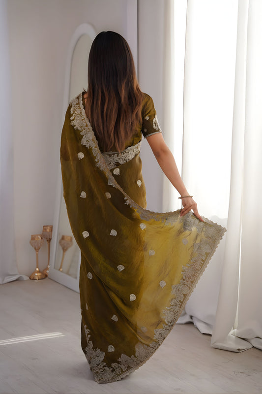 Graceful Olive Green Fendy Crush Silk Saree Heavy Embroidery Work