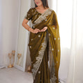 Graceful Olive Green Fendy Crush Silk Saree Heavy Embroidery Work