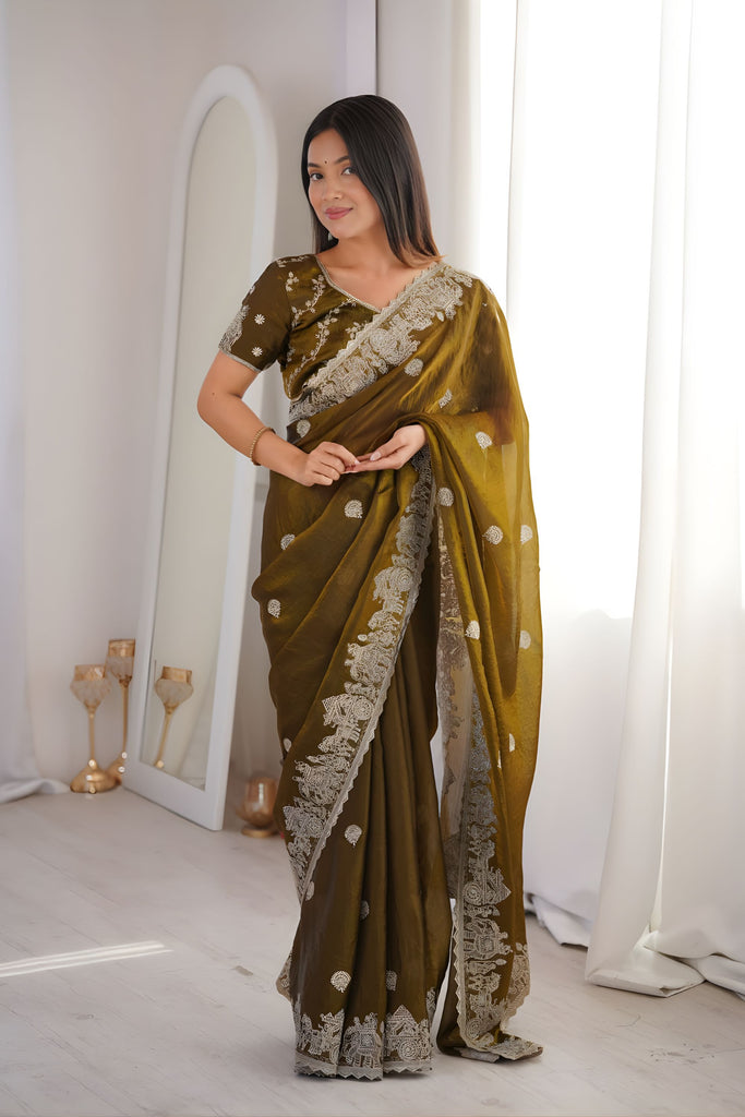 Graceful Olive Green Fendy Crush Silk Saree Heavy Embroidery Work