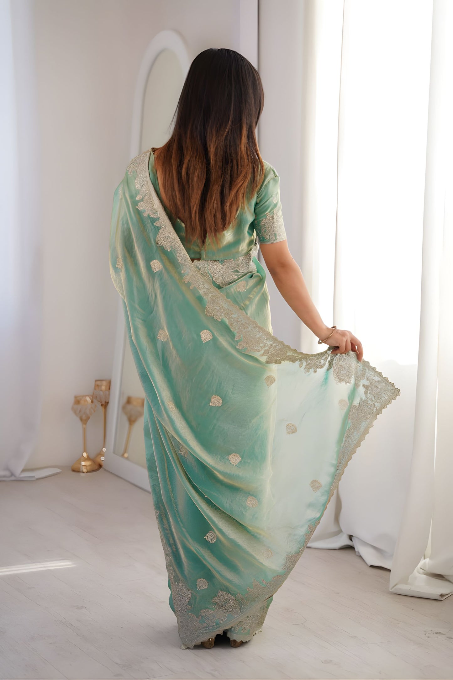 Wonderful Sea Green Fendy Crush Silk Saree Heavy Embroidery Work