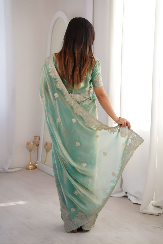 Wonderful Sea Green Fendy Crush Silk Saree Heavy Embroidery Work