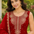 Stylish Red Georgette Straight Salwar Suit with Embroidery Work and Matching Dupatta