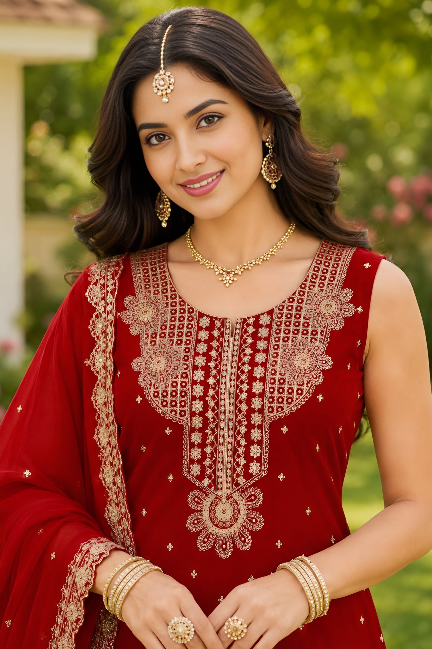 Stylish Red Georgette Straight Salwar Suit with Embroidery Work and Matching Dupatta