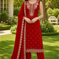 Stylish Red Georgette Straight Salwar Suit with Embroidery Work and Matching Dupatta