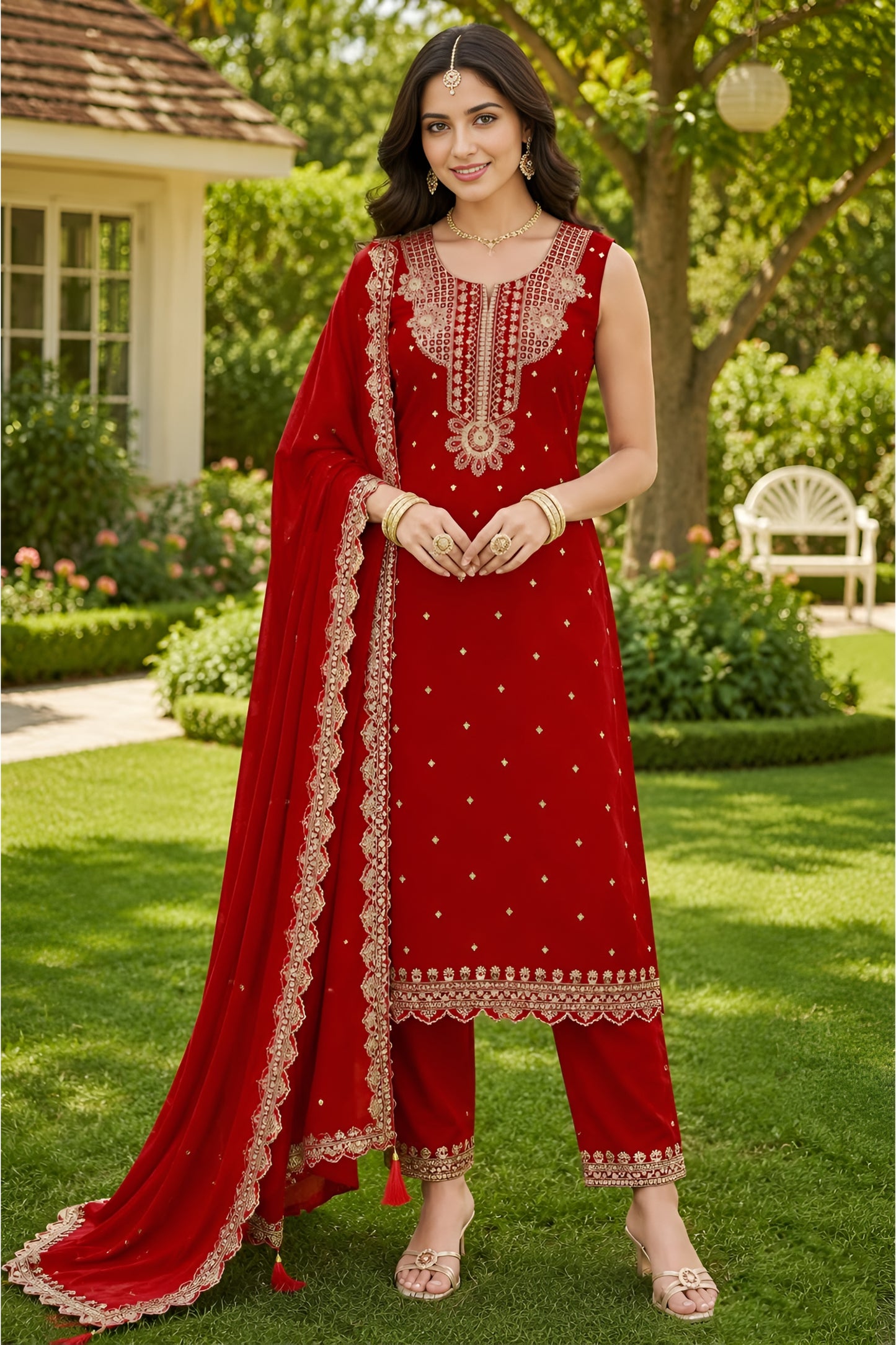 Stylish Red Georgette Straight Salwar Suit with Embroidery Work and Matching Dupatta