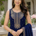 Delicate Navy Blue Georgette Straight Salwar Suit with Embroidery Work and Matching Dupatta