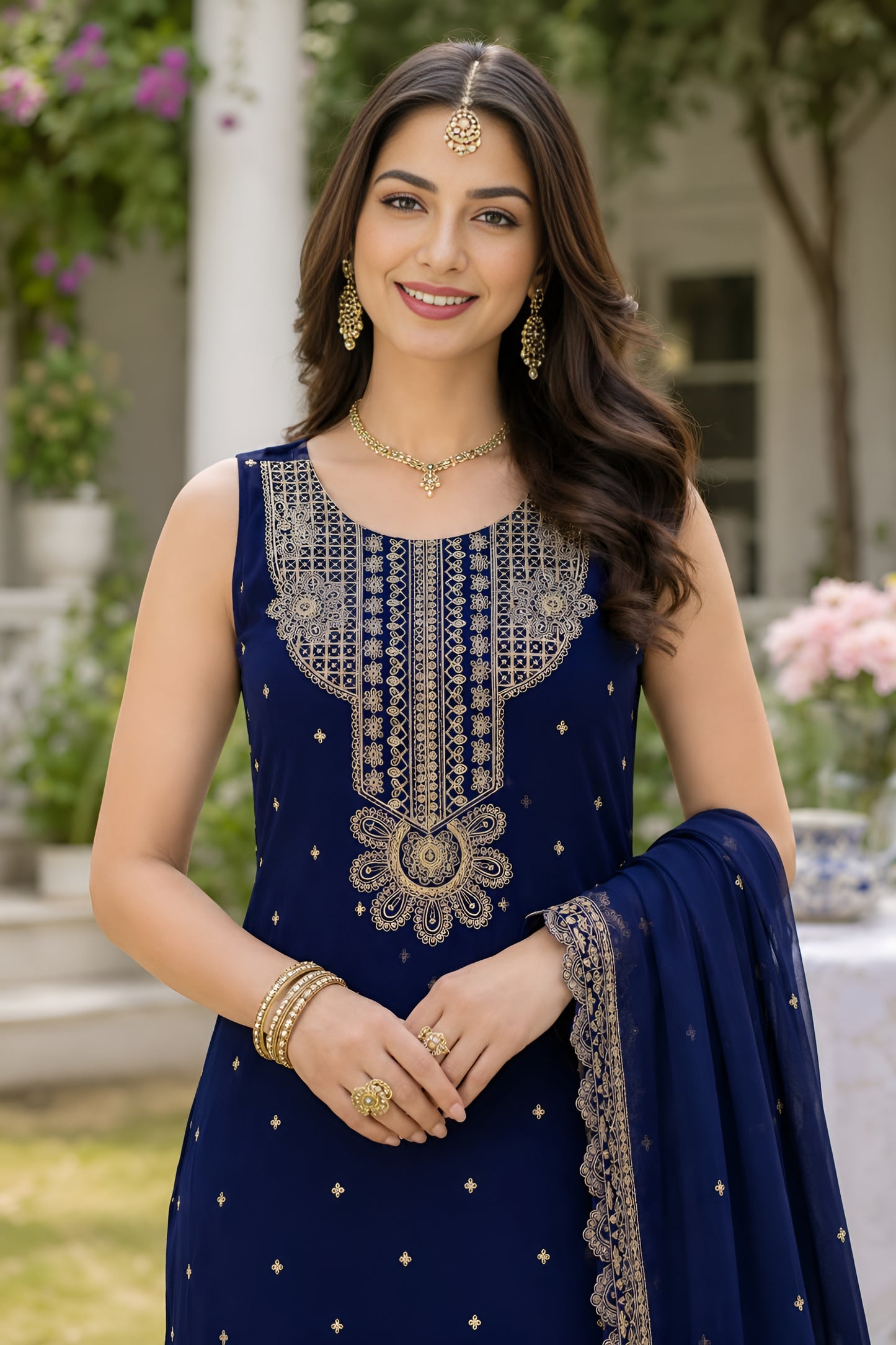 Delicate Navy Blue Georgette Straight Salwar Suit with Embroidery Work and Matching Dupatta