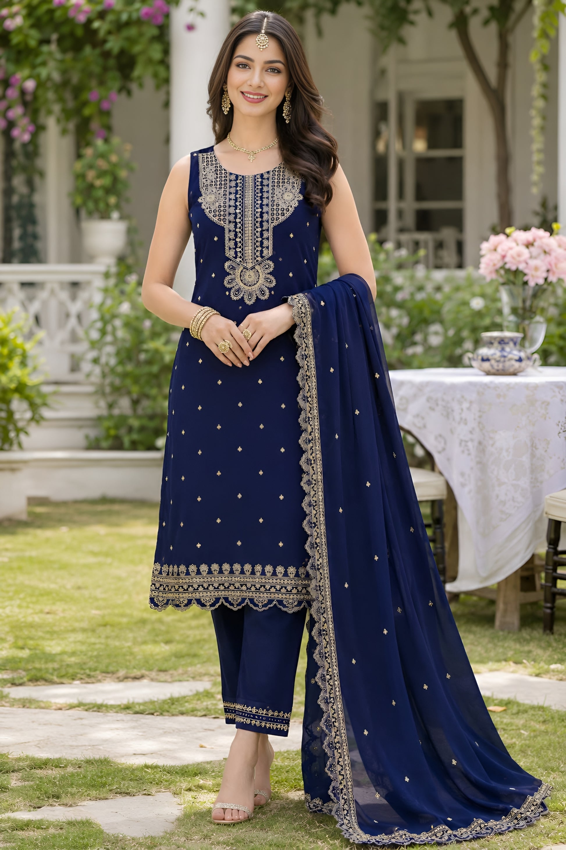 Delicate Navy Blue Georgette Straight Salwar Suit with Embroidery Work and Matching Dupatta