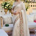 Elegant Off White Organza Silk Floral Embroidery Work Saree for Wedding 