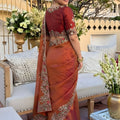 Premium Rust Brown Fendy Satin Silk Floral Embroidery Work Saree