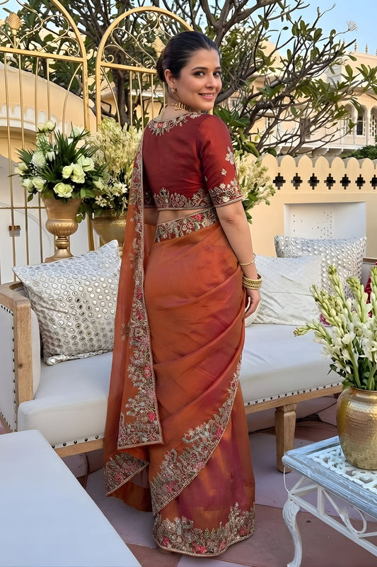 Premium Rust Brown Fendy Satin Silk Floral Embroidery Work Saree