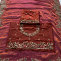 Premium Rust Brown Fendy Satin Silk Floral Embroidery Work Saree