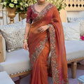 Premium Rust Brown Fendy Satin Silk Floral Embroidery Work Saree