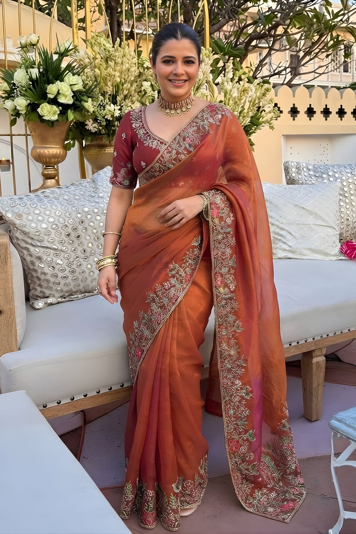 Premium Rust Brown Fendy Satin Silk Floral Embroidery Work Saree