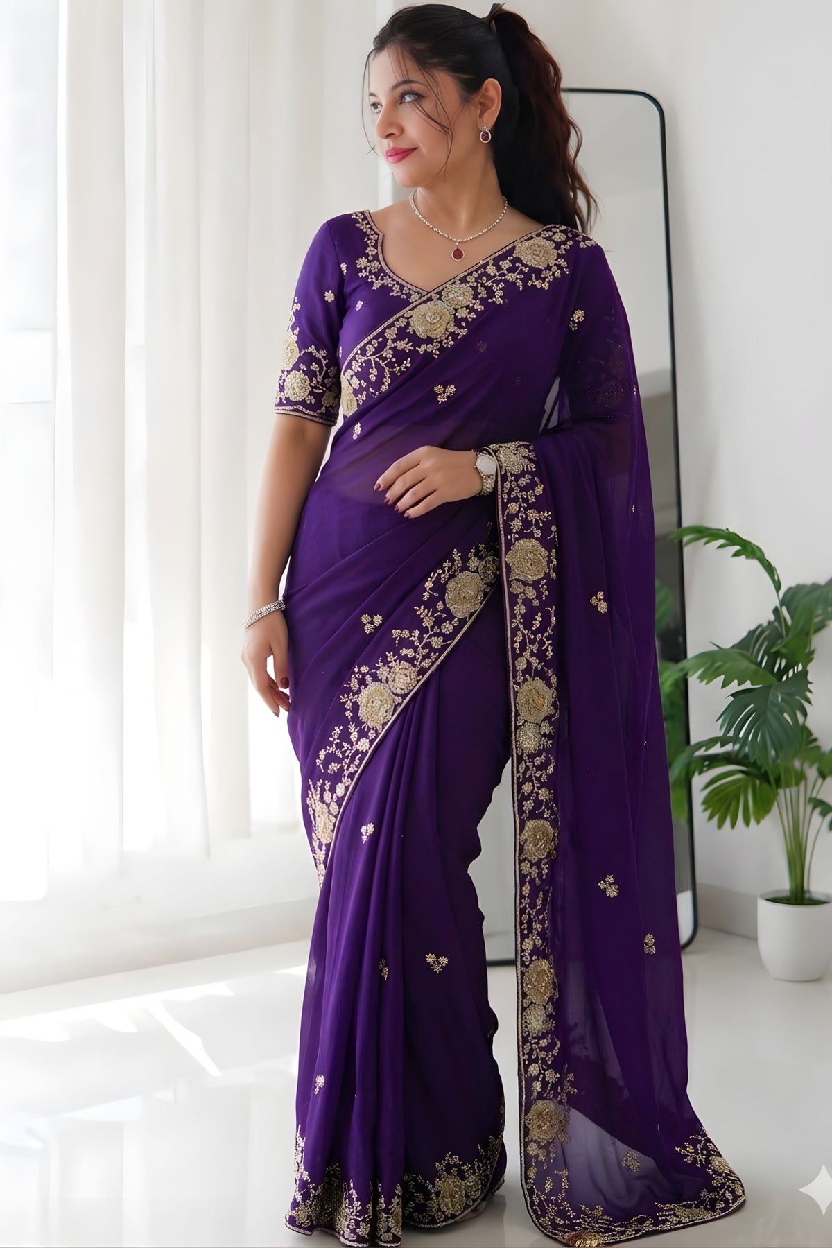 Royal Purple Rangoli Silk Saree Heavy Embroidery Work Border for Wedding
