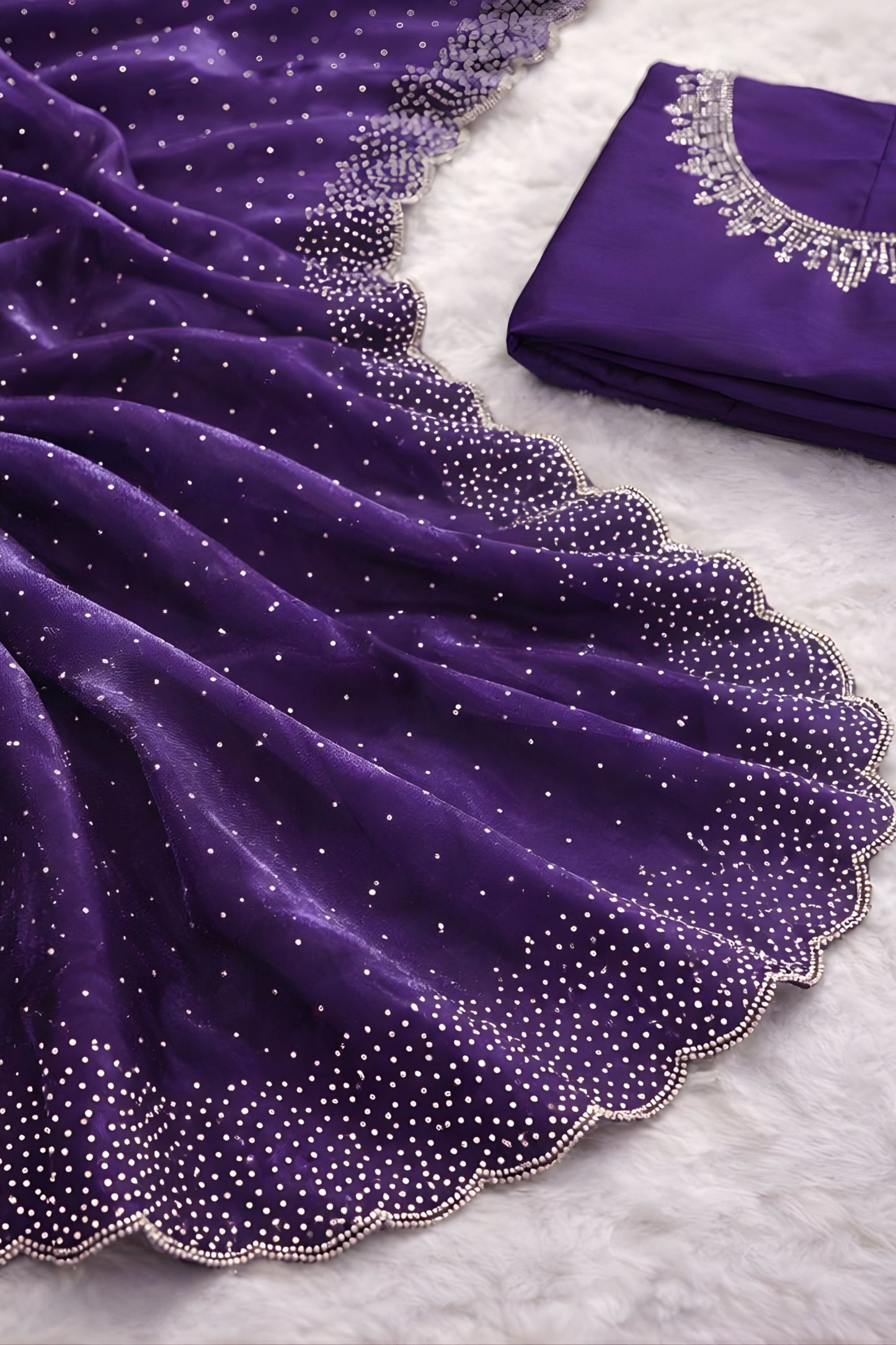 Royal Purple Space Silk Saree with Zarkan Diamond Work for Party Wear