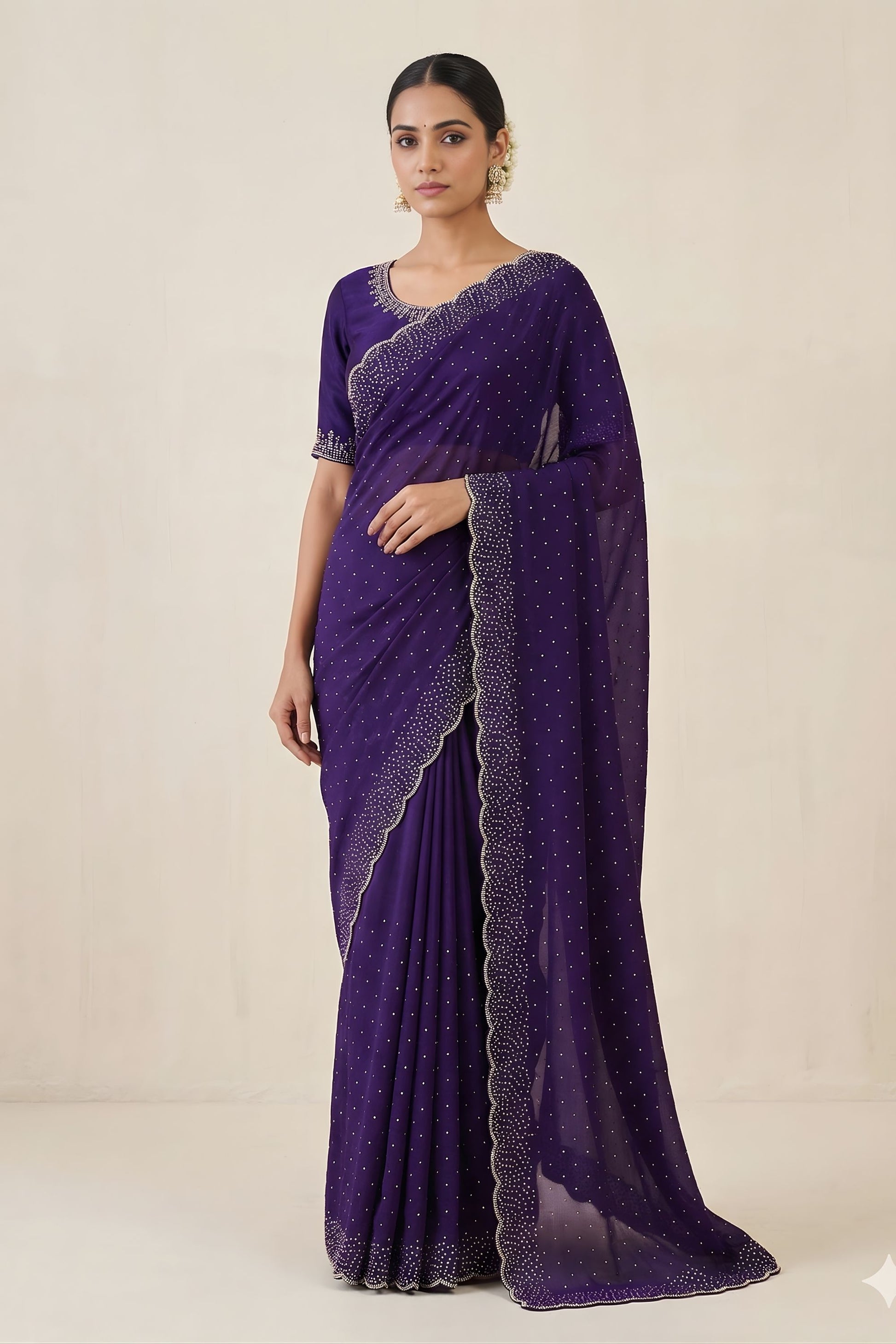 Royal Purple Space Silk Saree with Zarkan Diamond Work for Party Wear