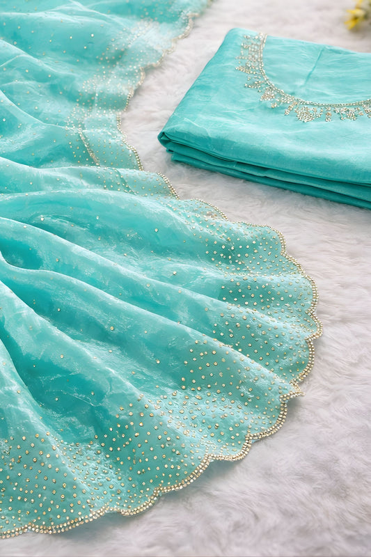 Stylish Aqua Blue Space Silk Saree with Zarkan Diamond Work for Party Wear