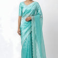 Stylish Aqua Blue Space Silk Saree with Zarkan Diamond Work for Party Wear