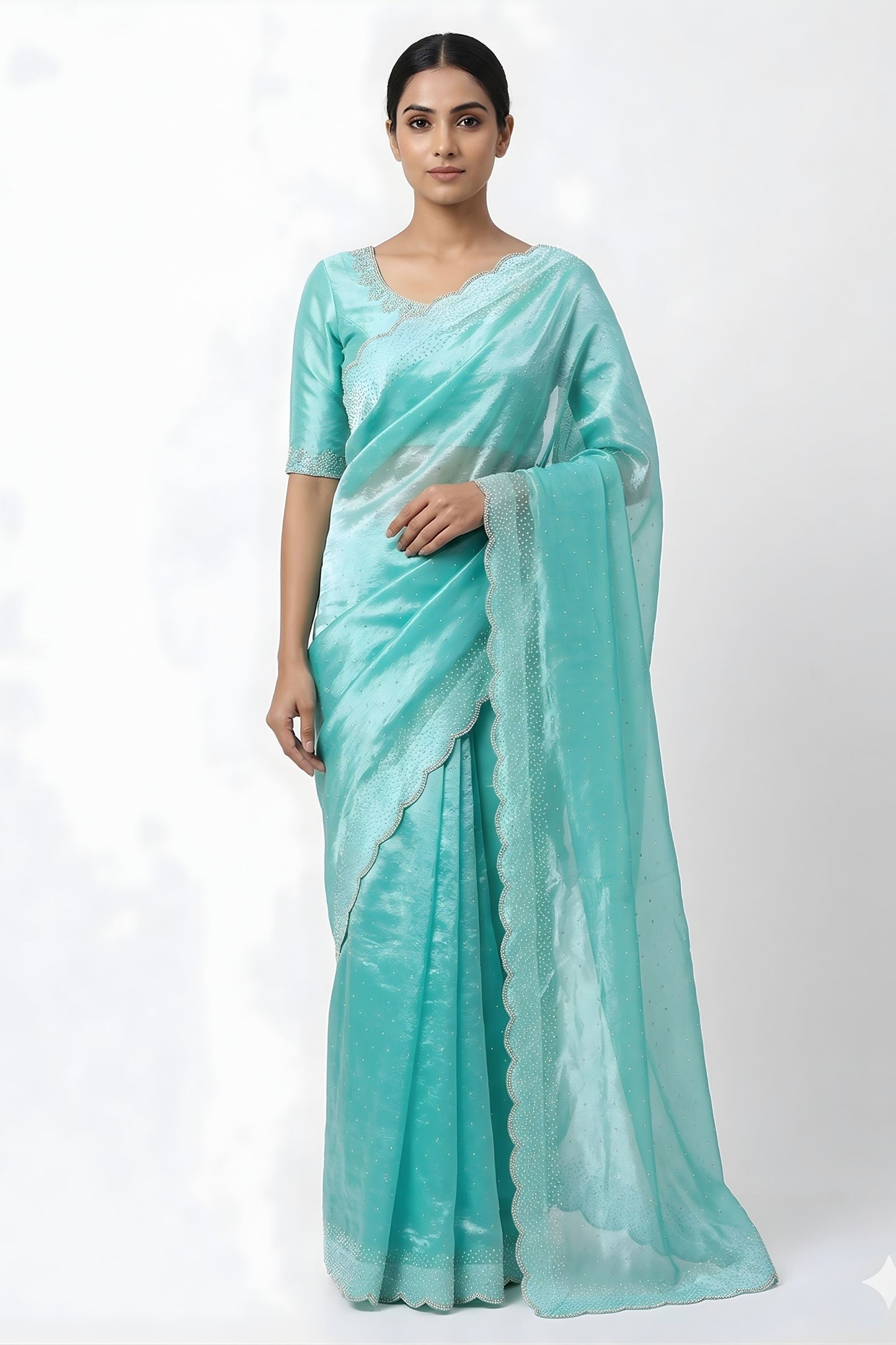 Stylish Aqua Blue Space Silk Saree with Zarkan Diamond Work for Party Wear