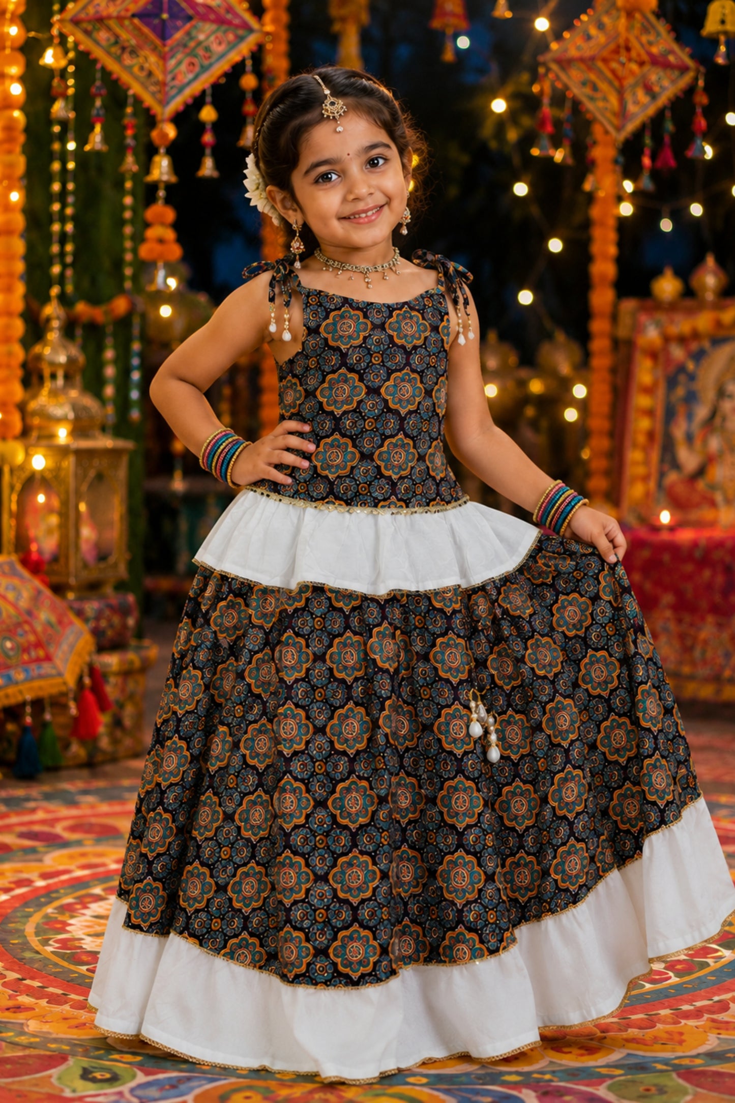 Adorable Multicolor Cotton Printed Girls Lehenga Choli with Layered Flared Skirt for Navratri