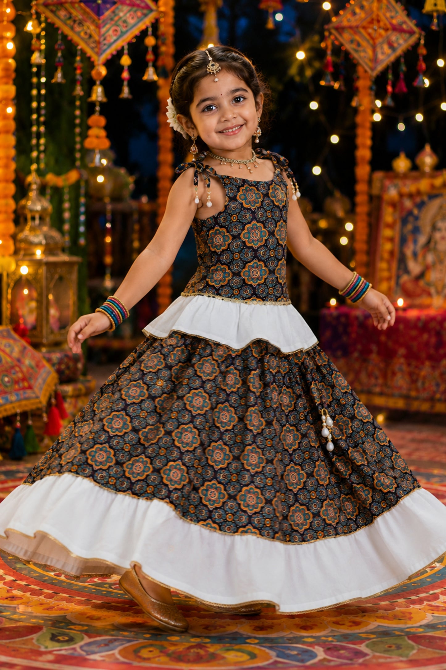 Adorable Multicolor Cotton Printed Girls Lehenga Choli with Layered Flared Skirt for Navratri