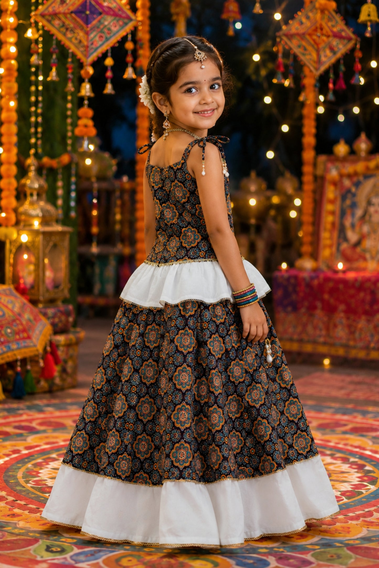 Adorable Multicolor Cotton Printed Girls Lehenga Choli with Layered Flared Skirt for Navratri