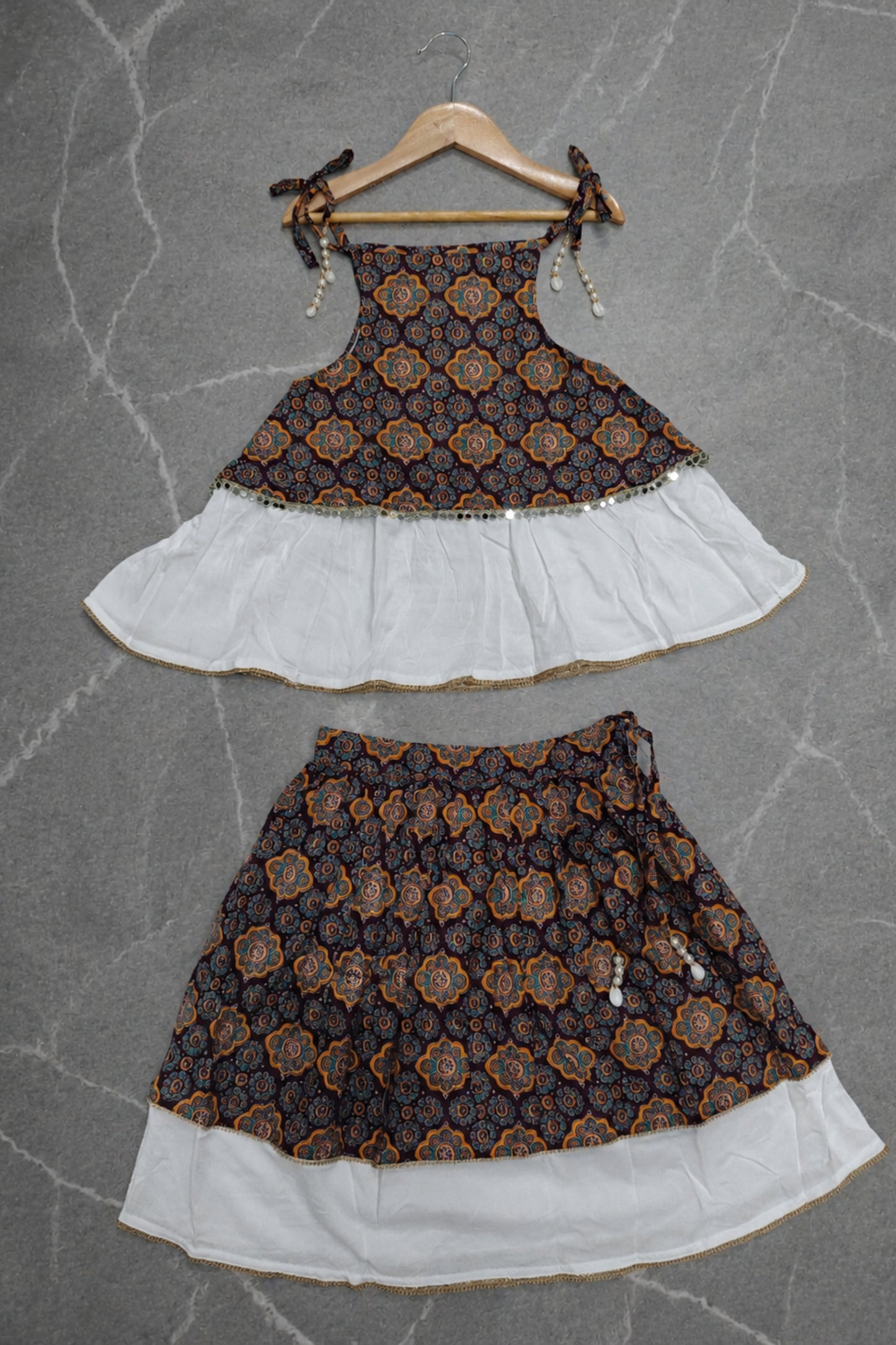 Adorable Multicolor Cotton Printed Girls Lehenga Choli with Layered Flared Skirt for Navratri