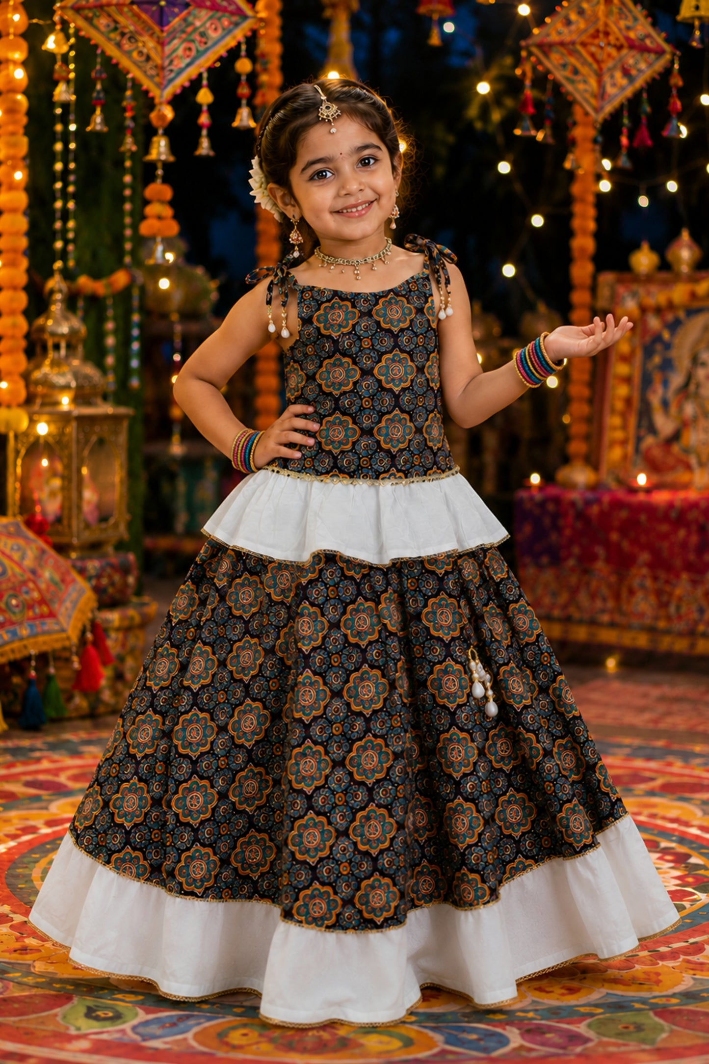 Adorable Multicolor Cotton Printed Girls Lehenga Choli with Layered Flared Skirt for Navratri