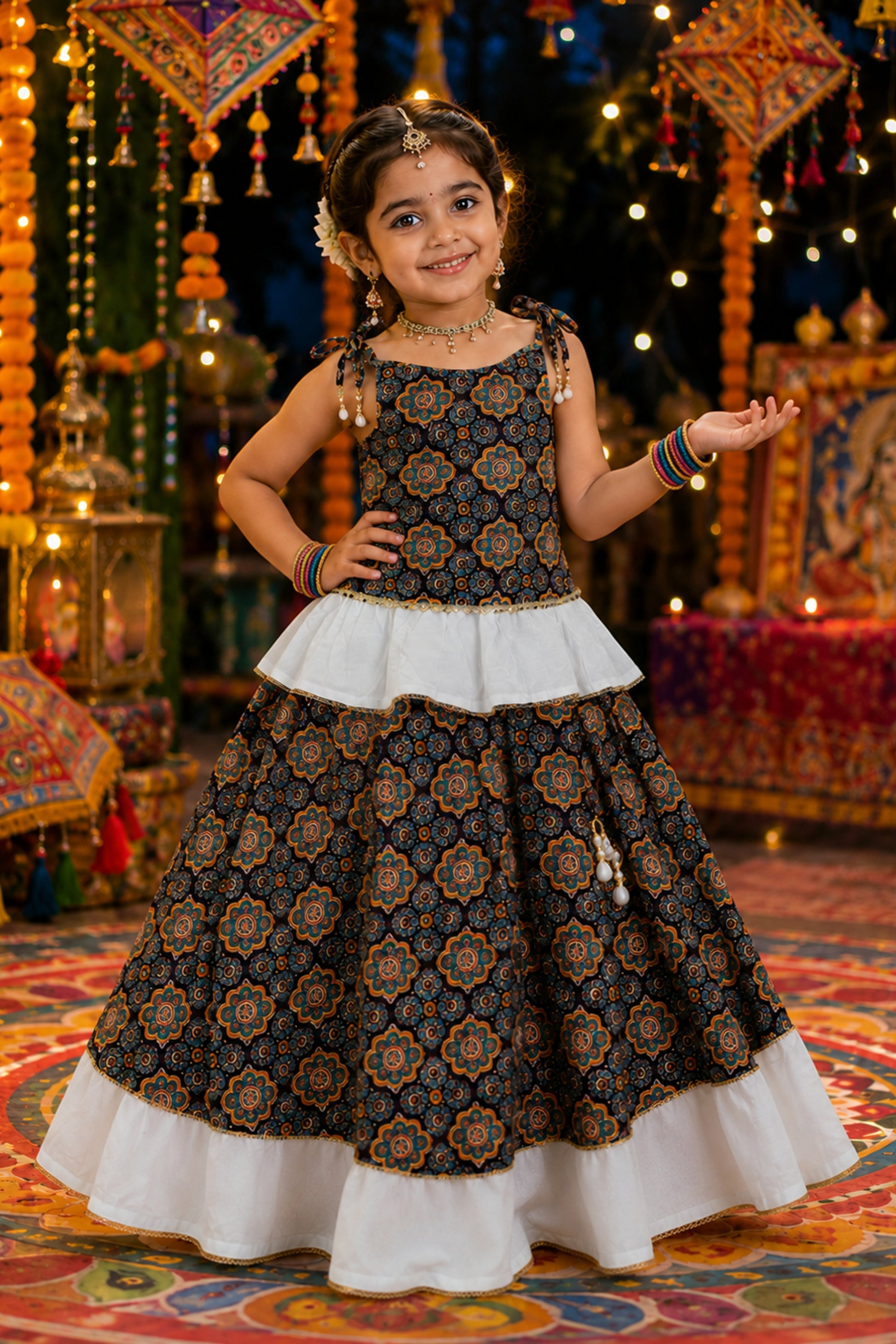 Adorable Multicolor Cotton Printed Girls Lehenga Choli with Layered Flared Skirt for Navratri