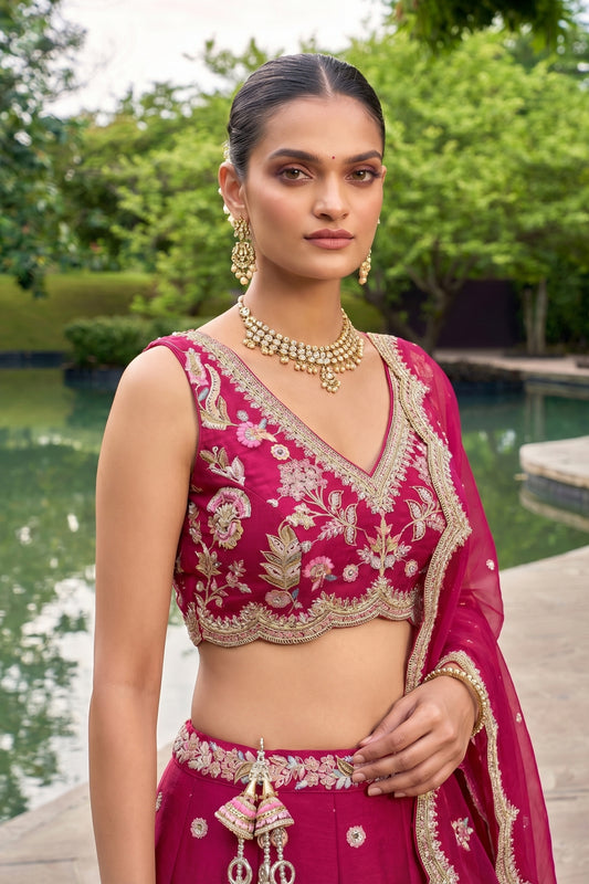 Gorgeous Rani Pink Designer Lehenga Choli with Heavy Embroidery Work and Matching Dupatta