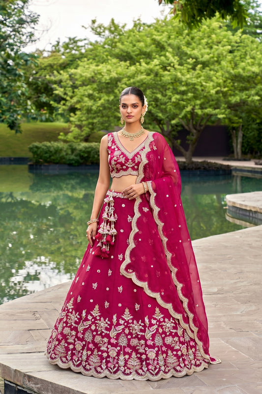 Gorgeous Rani Pink Designer Lehenga Choli with Heavy Embroidery Work and Matching Dupatta