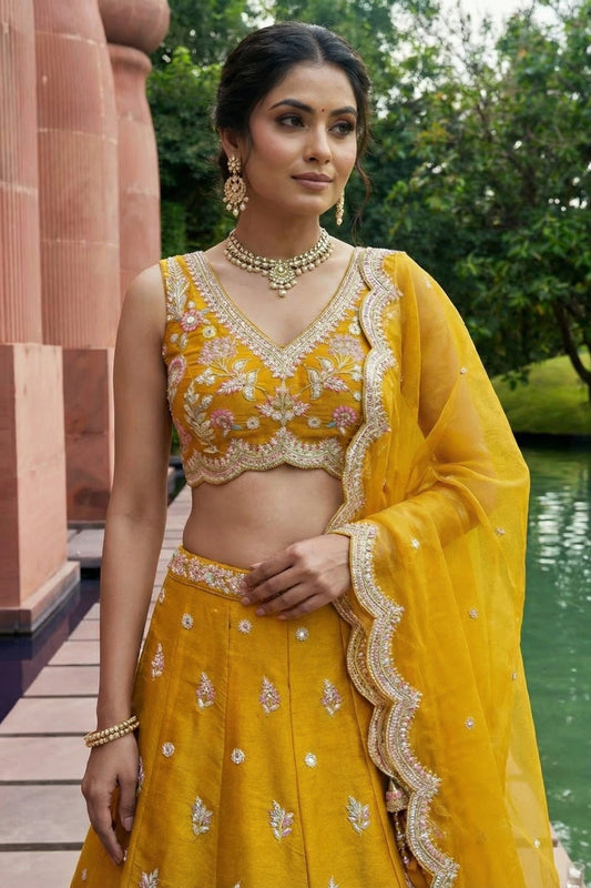 Beautiful Mustard Yellow Designer Lehenga Choli with Heavy Embroidery Work and Matching Dupatta