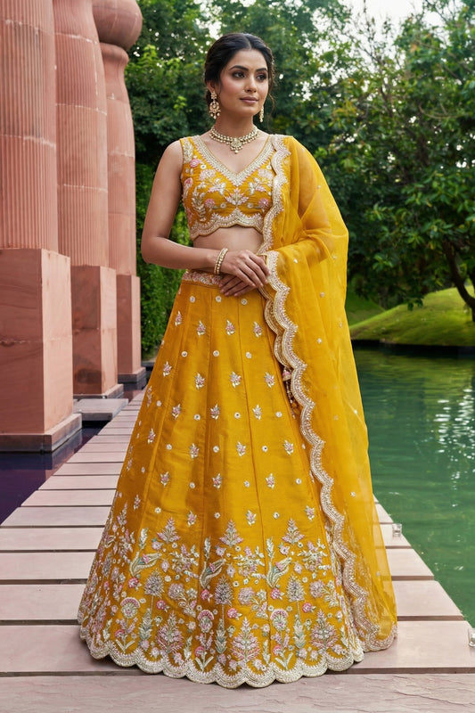 Beautiful Mustard Yellow Designer Lehenga Choli with Heavy Embroidery Work and Matching Dupatta