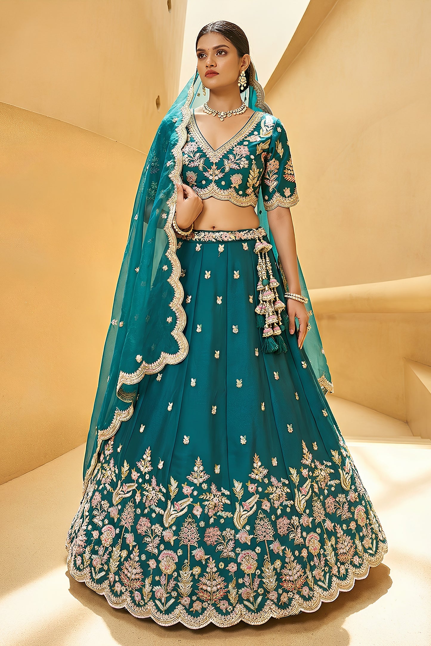 Exquisite Teal Green Designer Lehenga Choli with Heavy Embroidery Work and Matching Dupatta