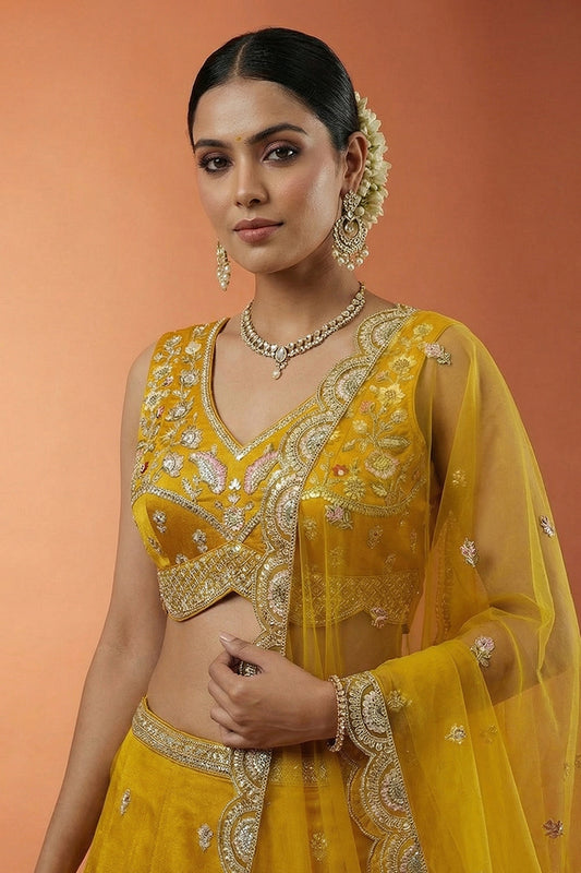 Awesome Mustard Yellow Designer Lehenga Choli with Heavy Embroidery Work and Matching Dupatta