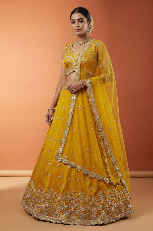 Awesome Mustard Yellow Designer Lehenga Choli with Heavy Embroidery Work and Matching Dupatta