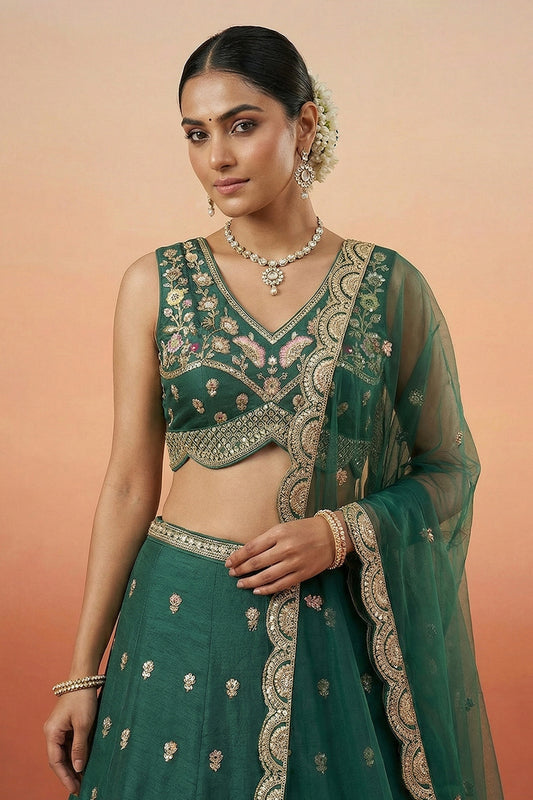 Elegant Rama Green Designer Lehenga Choli with Heavy Embroidery Work and Matching Dupatta