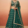 Elegant Rama Green Designer Lehenga Choli with Heavy Embroidery Work and Matching Dupatta