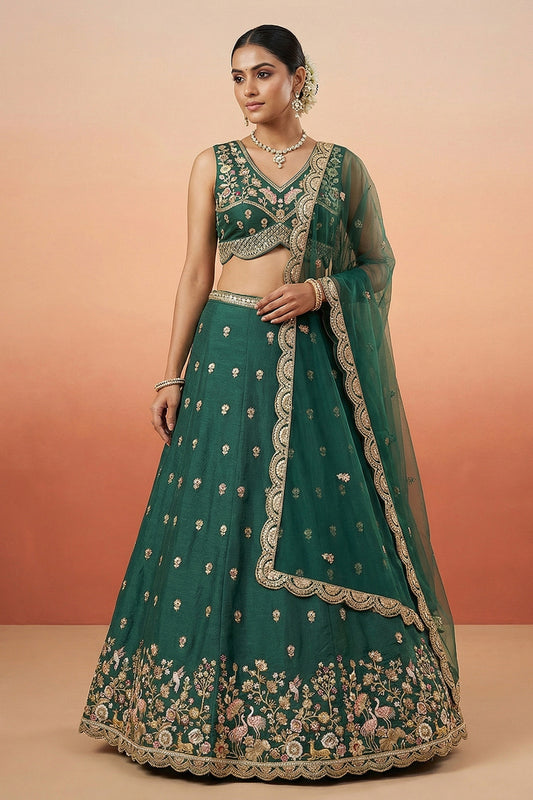 Elegant Rama Green Designer Lehenga Choli with Heavy Embroidery Work and Matching Dupatta