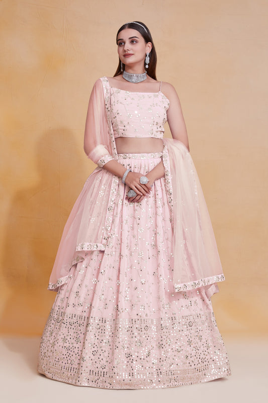 Elegant Pink Georgette Designer Lehenga Choli with Embroidery Work and Soft Net Dupatta